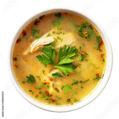 Hot chicken soup with parsley in white bowl on transparent background