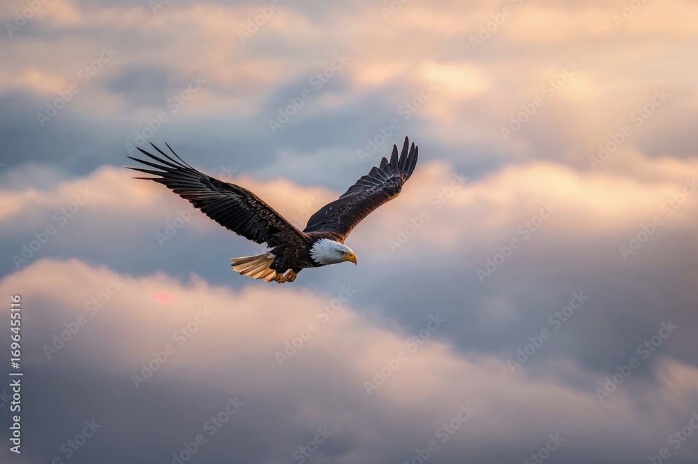 Fototapeta premium Soaring eagle amidst morning mist