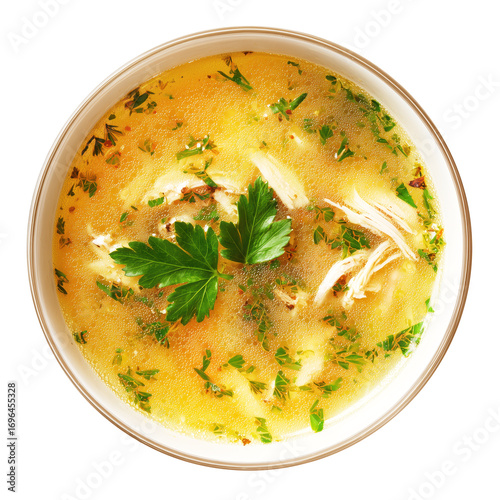 Steaming chicken soup with fresh parsley in bowl on transparent background