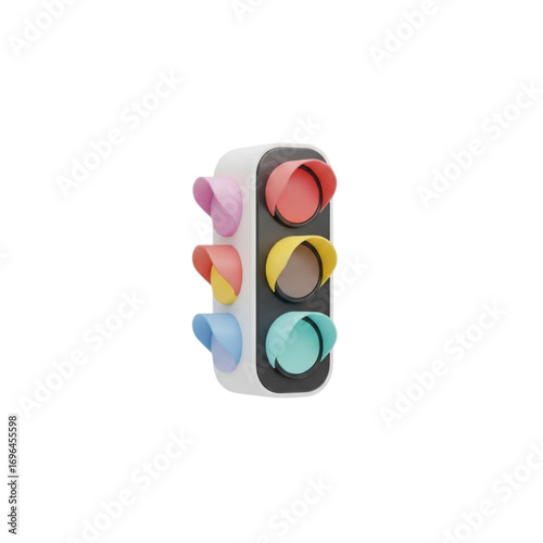 3d stylized traffic light with pastel colored lights isolated on transparent background