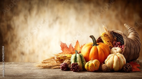 Festive fall arrangement of gourds, corn, berries, & a cornucopia on wood against a mottled brown background