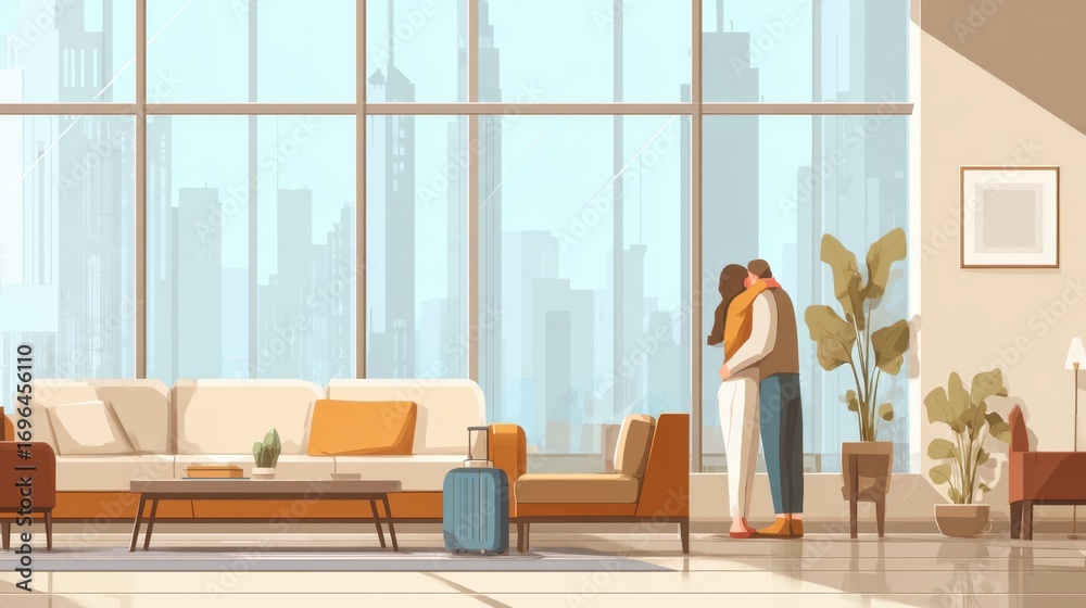 Fototapeta premium Romantic reunion in modern airport lounge with city skyline