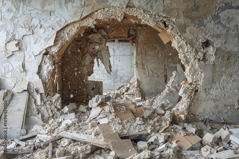 Fototapeta premium Destroyed drywall partition composed of plaster and cardboard, surrounded by debris and dust at a building site