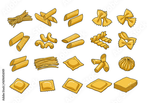 A collection of various pasta shapes arranged in rows showcasing traditional Italian cuisine