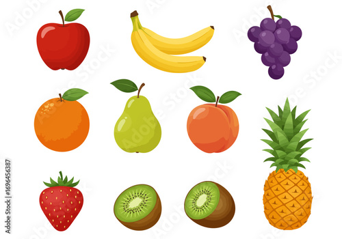 An array of colorful fruits including apples bananas grapes oranges pears peaches strawberries kiwis and pineapple