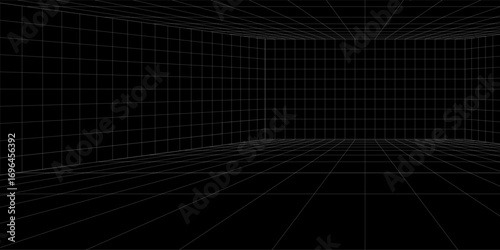 Futuristic perspective grid box. Abstract wireframe with white grid line on black background. Virtual reality landscape in 80s 90s digital style. Vector