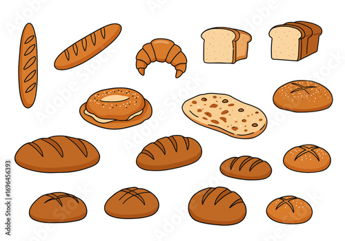 An assortment of cartoonstyle breads of various shapes and sizes is laid out against a white background