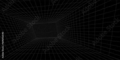 Futuristic perspective grid box. Abstract wireframe with white grid line on black background. Virtual reality landscape in 80s 90s digital style. Vector
