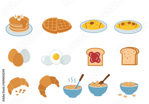 Breakfast food set pancakes waffles omelets eggs toast croissants and cereal bowls