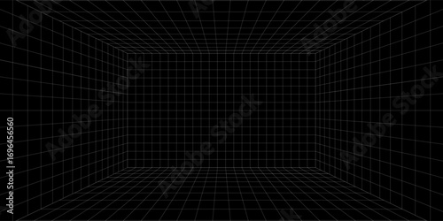 Futuristic perspective grid box. Abstract wireframe with white grid line on black background. Virtual reality landscape in 80s 90s digital style. Vector