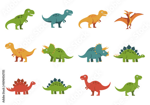 Cartoon dinosaurs in rows of various species and colors