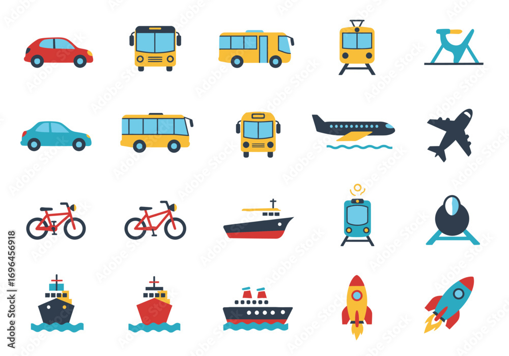 Fototapeta premium Colorful array of various transportation icons neatly arranged