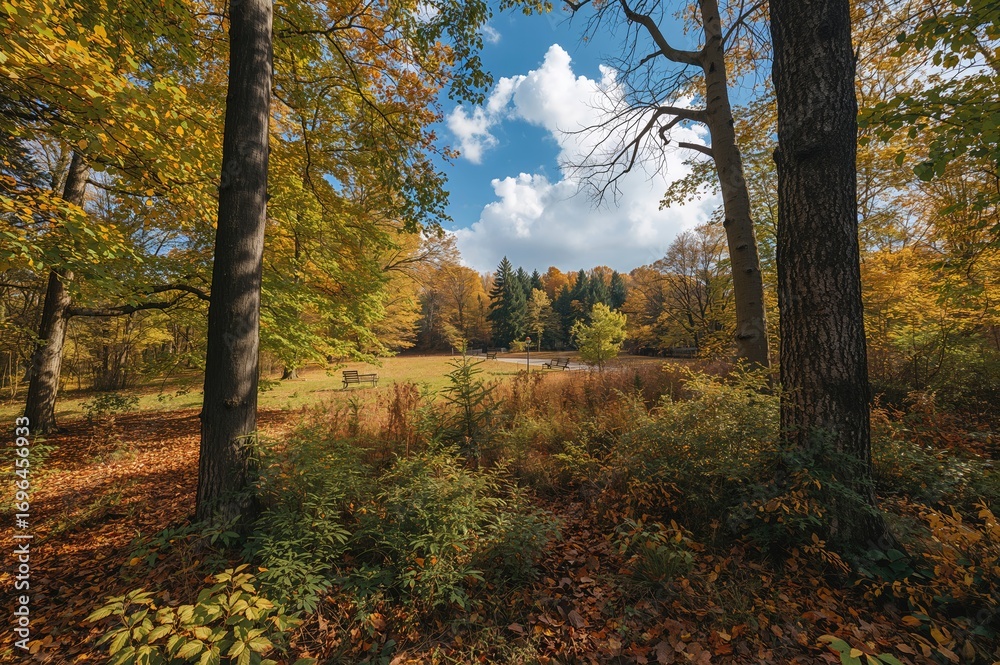 Obraz premium The lush foliage of the trees displays vivid hues, painting a stunning scene in the fall woodland where the charm of the frosty park blends seamlessly.