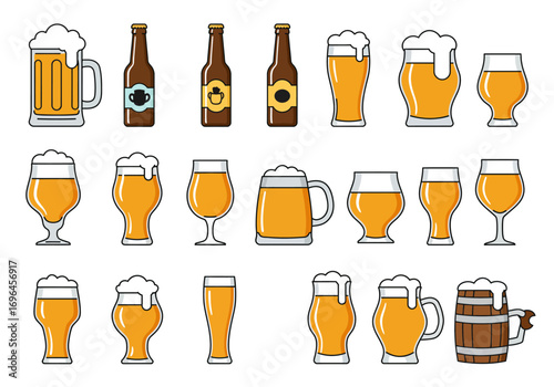 Collection of beer containers mugs bottles and glasses filled with golden brew and foamy heads