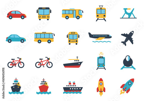 Colorful array of various transportation icons neatly arranged