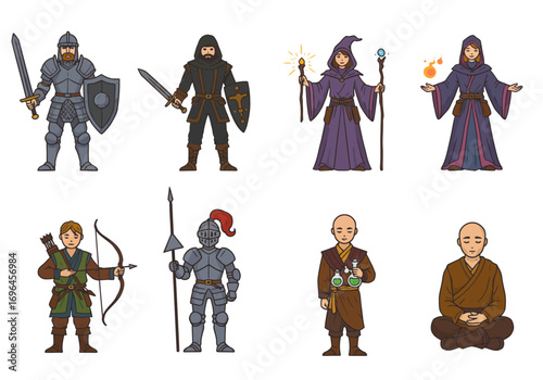 Eight cartoon fantasy characters arranged in two rows