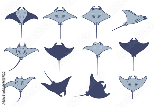 Eleven cartoon manta rays various poses  colors float on a white background