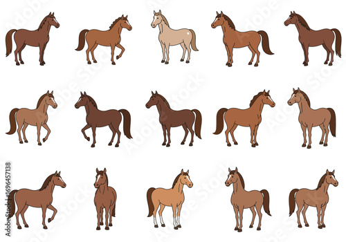 Fifteen cartoon horses are arranged in rows varying in color and stance against a white background