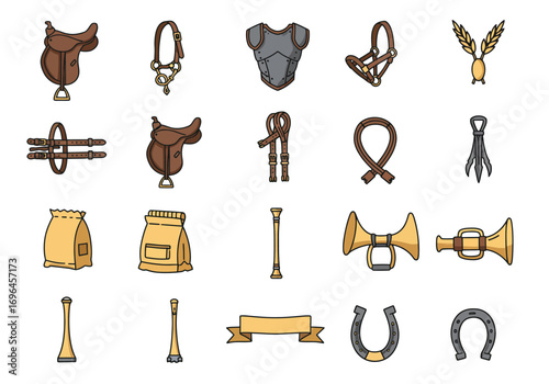 Equestrian equipment illustrations featuring saddles bridles armor and other tools