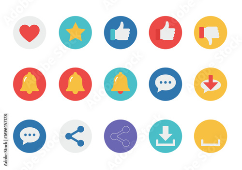 Fifteen colorful circular icons depicting varied symbols arranged in rows