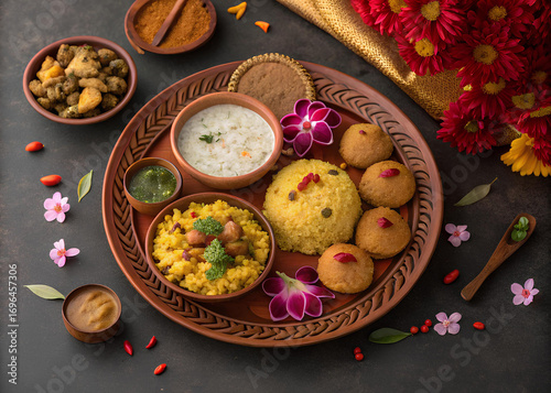 Durga Puja bhog offering – clay plate beautifully arranged with khichuri, luchi, beguni, chutney, and sweets, decorated with flower petals, styled as festive food photography