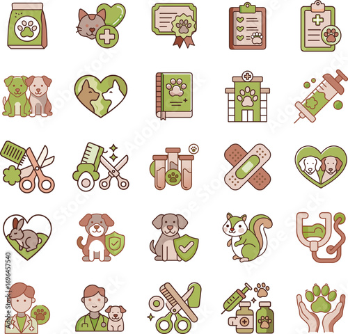 Set of 25 hand-drawn pet care and veterinary icons for animal health services and supplies