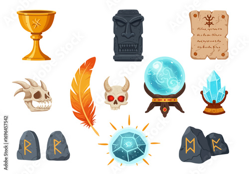 Mystical collection goblet skulls crystals runes  more