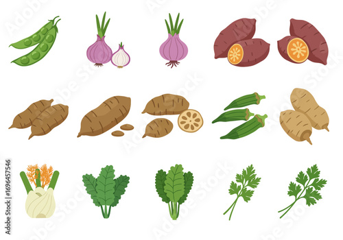 Illustration shows assorted vegetables peas onions yams okra fennel parsley