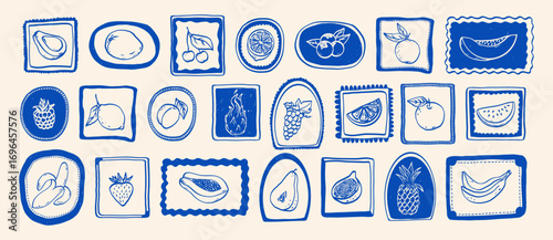Monochrome hand drawn summer fruits and decorative frames. Dragon fruit, melon, coconut, citrus, grape, lemon, banana, pomegranate, fig, banana. Vector.