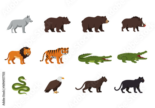 Twelve animals are displayed in a 3x4 grid including a wolf bear lion tiger crocodile snake eagle and panther