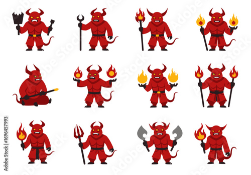 Twelve cartoon demons display various weapons and tools in a grid format on a white background
