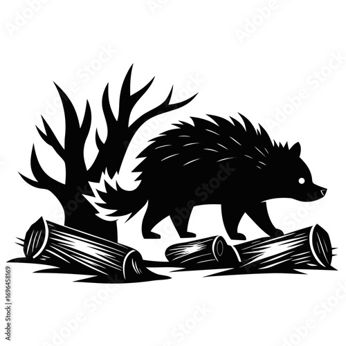 silhouette, graphic, mammal, quill, illustration, animal, black, nature, vector, wildlife, forest, porcupine, timberland, white, prickly, creature, rodent, design, icon, drawing, isolated, cute, symbo