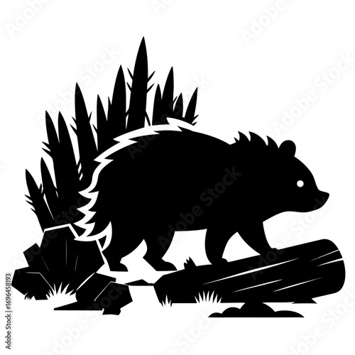 silhouette, graphic, mammal, quill, illustration, animal, black, nature, vector, wildlife, forest, porcupine, timberland, white, prickly, creature, rodent, design, icon, drawing, isolated, cute, symbo