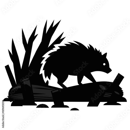 silhouette, graphic, mammal, quill, illustration, animal, black, nature, vector, wildlife, forest, porcupine, timberland, white, prickly, creature, rodent, design, icon, drawing, isolated, cute, symbo