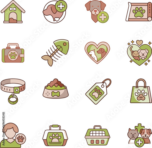 Pet care veterinary icon bundle set for animal health services and companion animal needs