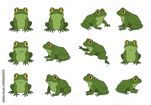 Twelve green frogs in various poses set against a white background