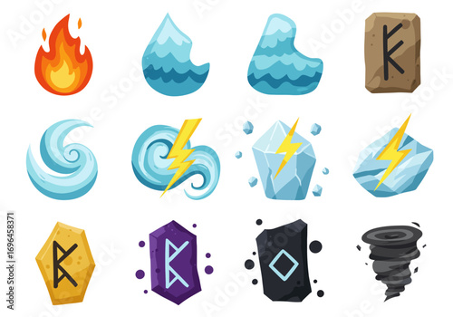 Twelve icons depicting elemental symbols including fire water wind ice lightning earth and a tornado