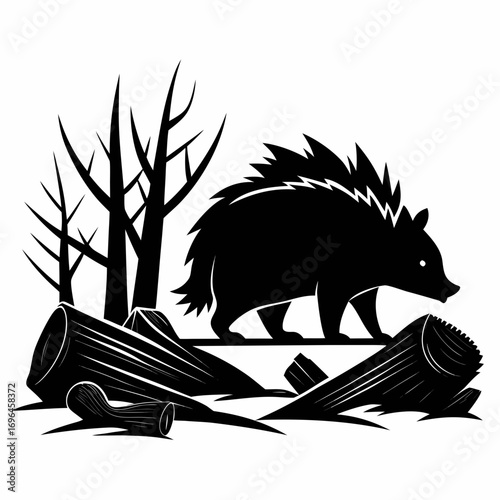 silhouette, graphic, mammal, quill, illustration, animal, black, nature, vector, wildlife, forest, porcupine, timberland, white, prickly, creature, rodent, design, icon, drawing, isolated, cute, symbo