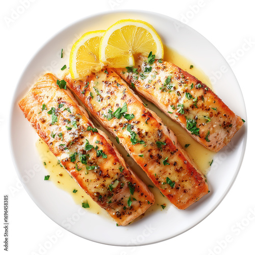 Grilled salmon fillets with lemon and parsley on transparent background