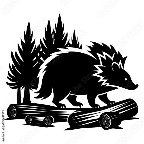 silhouette, graphic, mammal, quill, illustration, animal, black, nature, vector, wildlife, forest, porcupine, timberland, white, prickly, creature, rodent, design, icon, drawing, isolated, cute, symbo