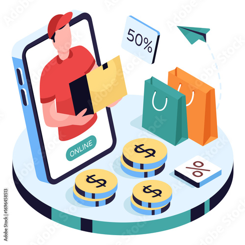 A colored design illustration of online delivery