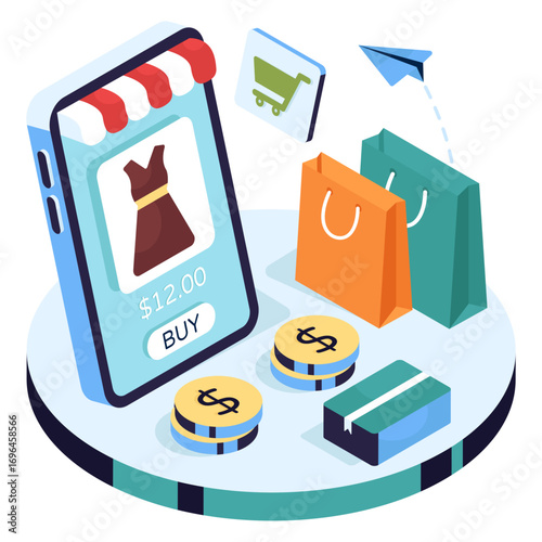 Isometric design illustration of buy frock online