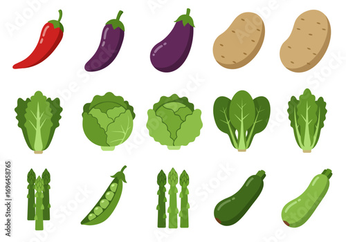 Vegetables chili eggplant potatoes lettuce cabbage spinach asparagus peas zucchini depicted in a digital illustration
