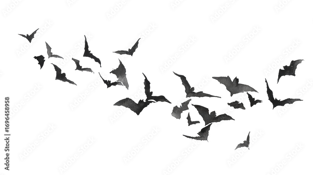 Obraz premium Watercolor halloween flock of bats flying isolated on transparent background