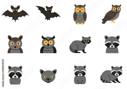 Cartoon animals bats owls raccoons arranged in a grid pattern on a white background