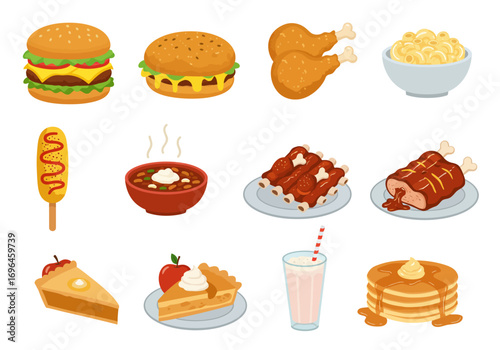 Cartoon of fast food and sweets burgers fried chicken ribs corn dog milkshake mac and cheese pancakes pie and chili
