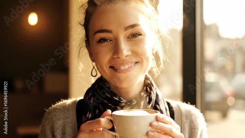 Smiling Woman Enjoying Coffee in Cafe Golden Hour Light