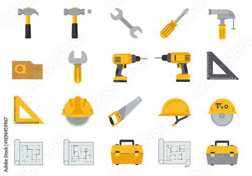 Construction tools arranged in rows featuring hammers wrenches drills helmets and blueprints