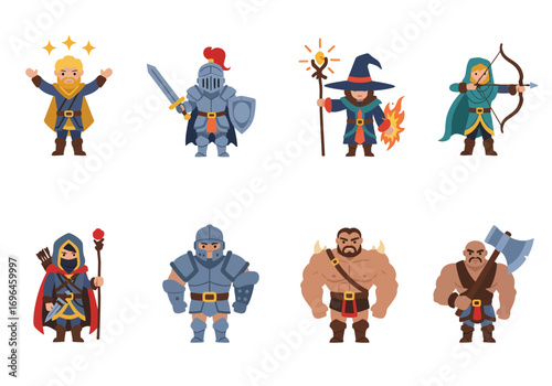 Eight pixelart RPG characters healer knight wizard archer rogue armored warrior two barbarians