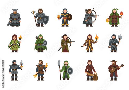 Fifteen pixelart fantasy characters are evenly spaced on a white background